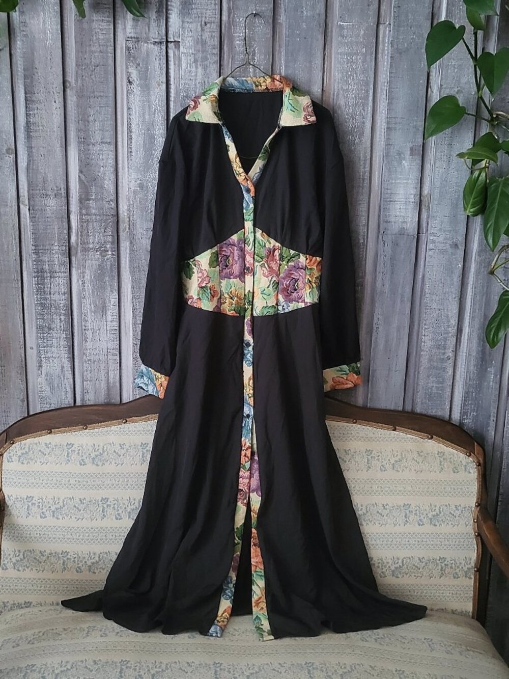 Vintage Black Long Cardigan Duster Tapestry Medium Maxi Dress Whimsigoth Look